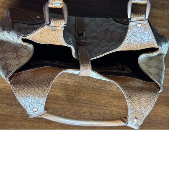 Gucci | GG Monogram Brown and Tan Canvas and Leather Nailhead Jackie Bardot Bag - Picture 5 of 13